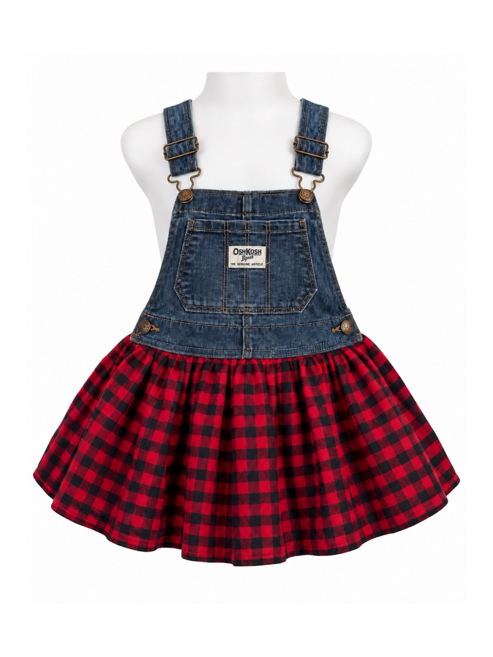 Size 18M OshKosh B’gosh Girls’ Vestbak Denim Buffalo Check Overall Jumper Dress